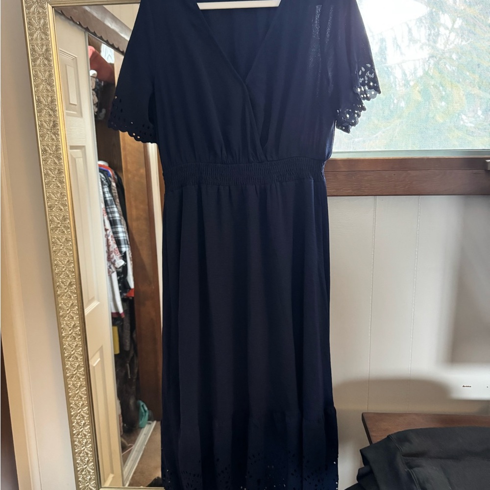 BloomChic Navy Midi Dress with Lace Sleeves